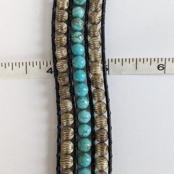 Leather Cord Cuff Bracelet with Teal Howlite and Silver Metal Beads - Picture 6 of 6